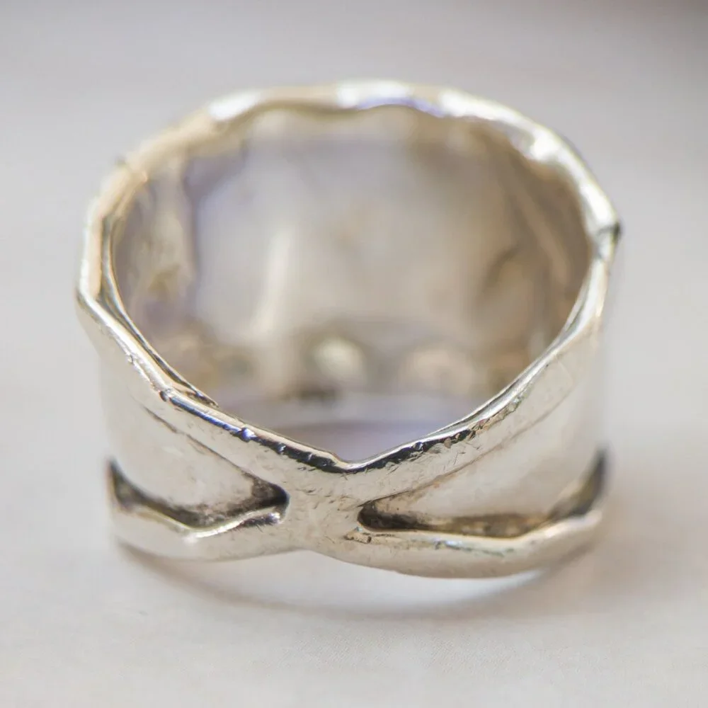 925 Sterling Wide Domed Band, Ripple Rim, Size 6.5 (15mm)